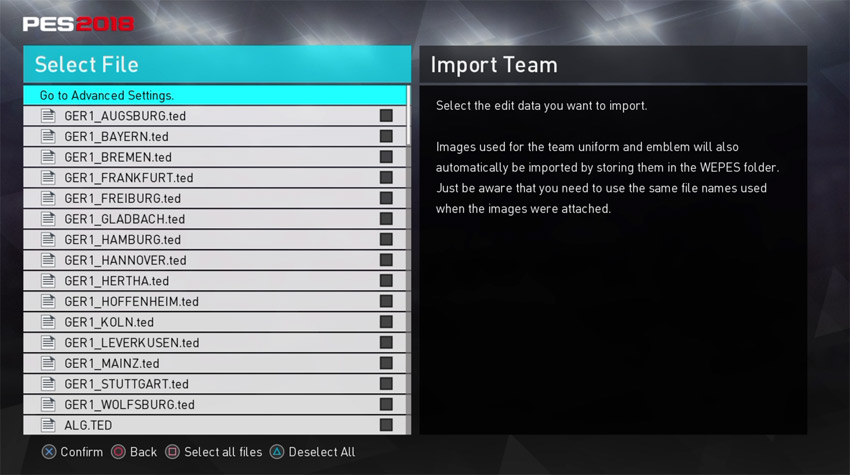 PES 2018 Import Team Selection