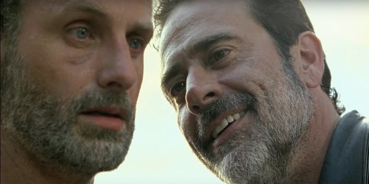 Andrew Lincoln as Rick Grimes and Jeffrey Dean Morgan as Negan in The Walking Dead