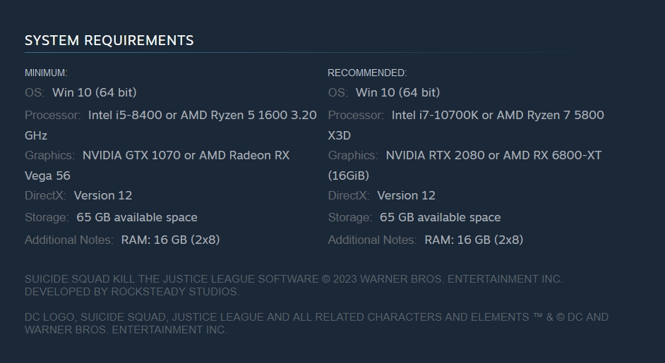 حداقل سیستم مورد نیاز و پیشنهادی بازی Suicide Squad: Kill the Justice League